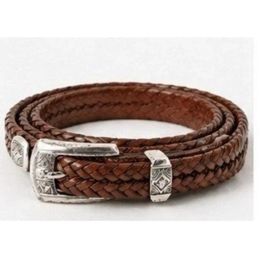 Brighton Brown Braided Leather‎ Belt Silver Engraved Buckle Southwestern Size 32